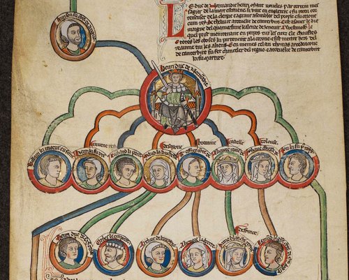 London, British Library, Royal MS 14 B VI (genealogical roll; particular of Henry II and his descendants) Source:  http://www.bl.uk/manuscripts/FullDisplay.aspx?ref=Royal_MS_14_B_VI