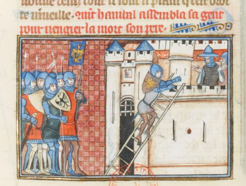 Hannibal and his troops besiege a castle, f. 150r.